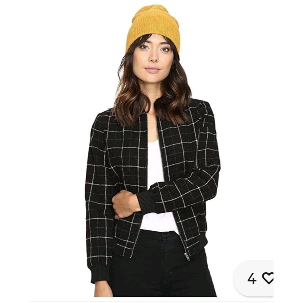NWT Jack by BB Dakota Women's Vick Windowpane B+W Wool-Like Bomber Jacket Size M